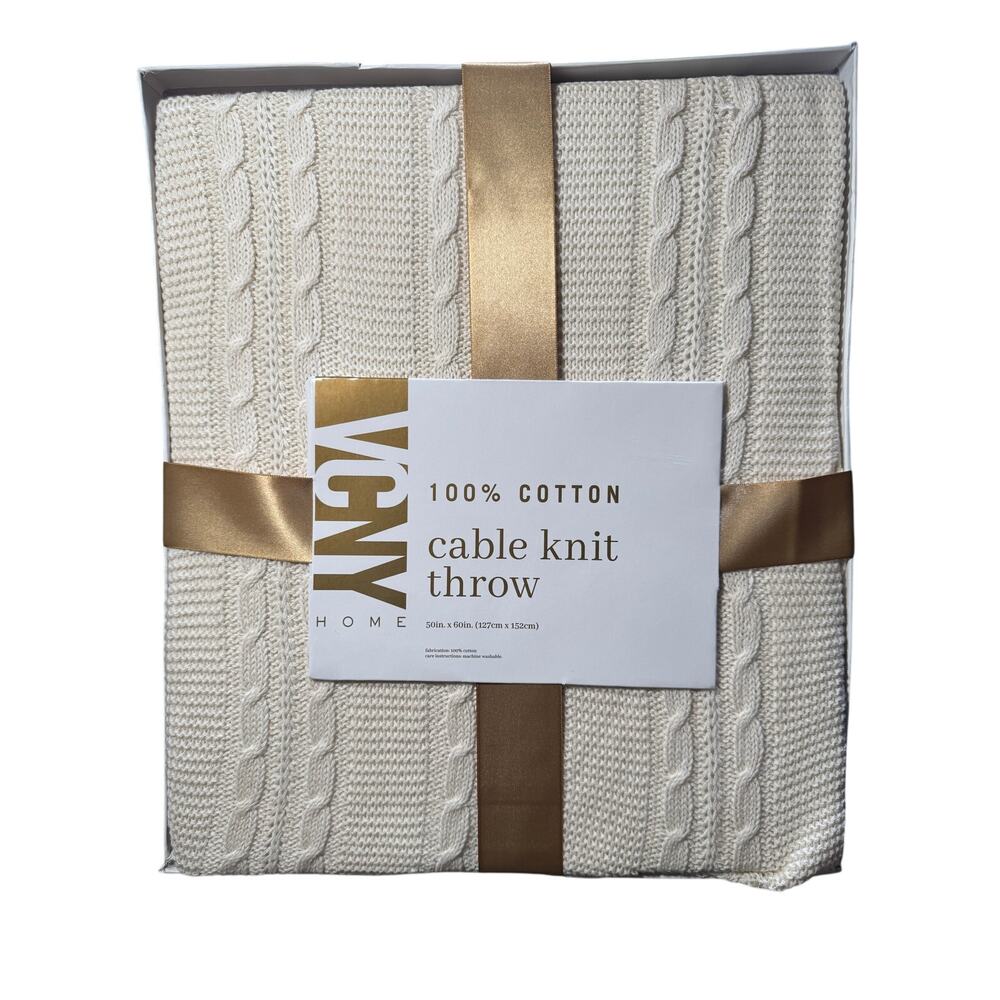 VCNY Home Cable Knit 100% Cotton Cream Throw Blanket 50x60